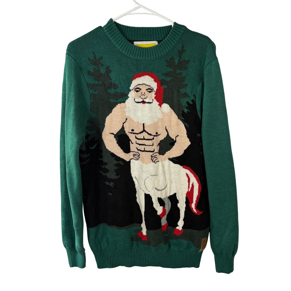 Tipsy Elves Mens Medium Green Buff Santa Centaur Ugly Christmas Sweater Knit